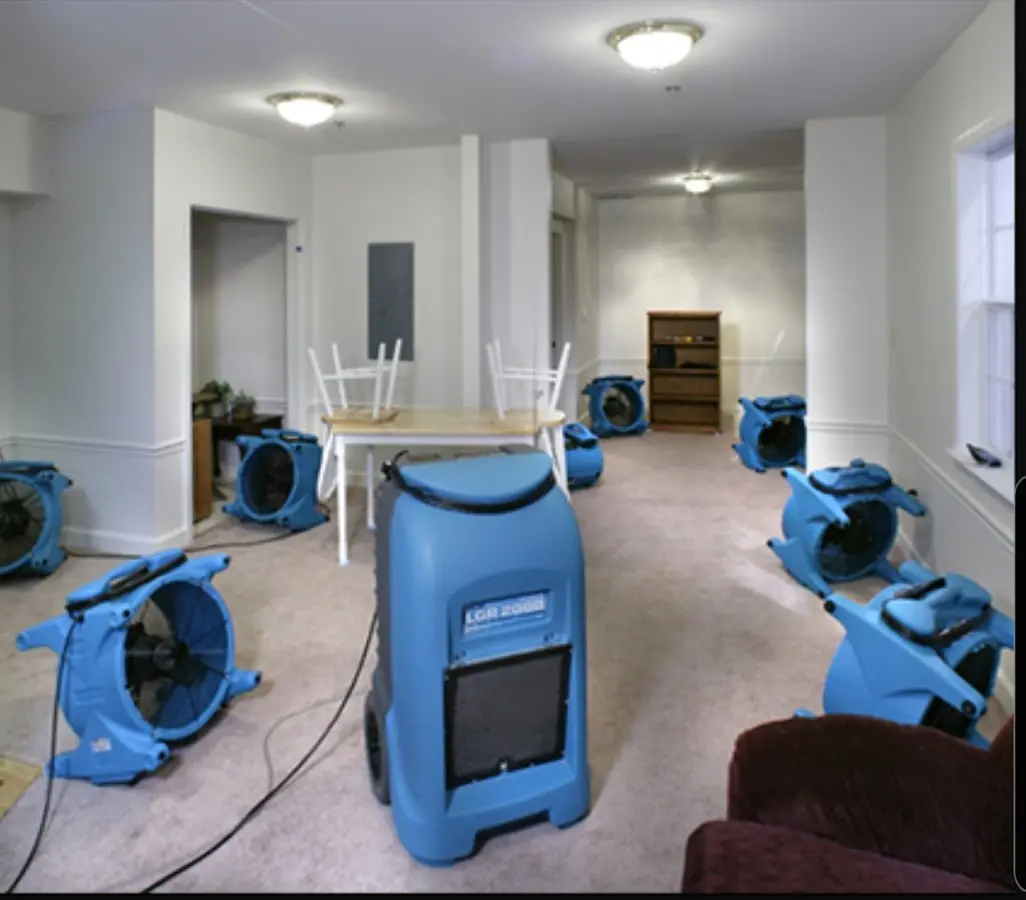 Air movers and dehumidifier setup for Water Damage Restoration in Lynden